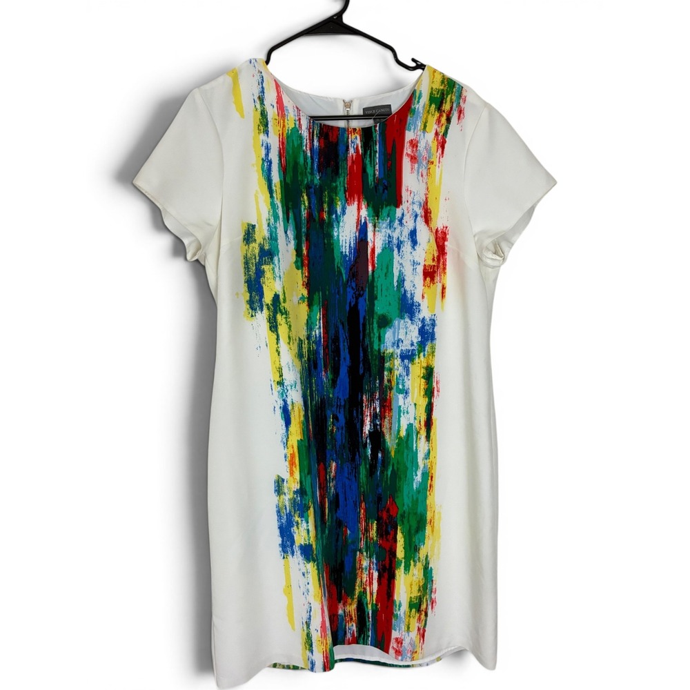Vince Camuto Dress Women 12 White Abstract Brushstroke Print Short Sleeve Shift